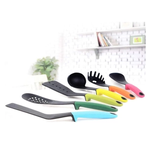 6-piece colorful handle nylon cooking utensil set with spatulas and spoons in a kitchen