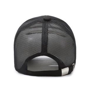 Men's black mesh trucker hat with long brim and adjustable silver metal buckle