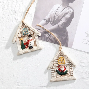Hand-painted Christmas resin house pendant featuring Santa and Snowman with jute rope