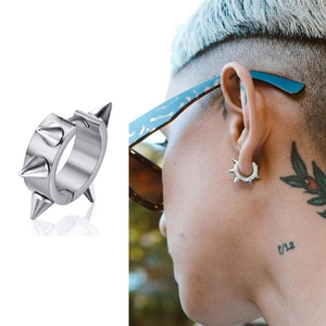 Silver stainless steel punk hoop earring with four sharp spikes and polished finish