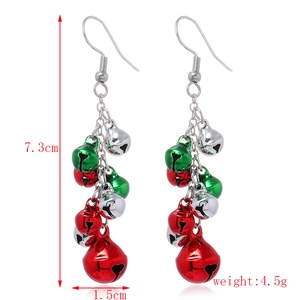 Christmas bell drop earrings with red green and silver bells showing 7.3cm height size detail