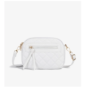 Detailed front view of white quilted PU leather camera bag with gold zipper and hardware