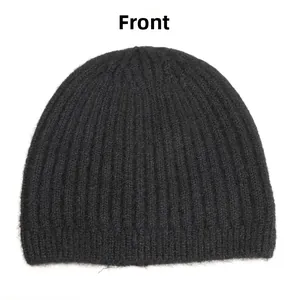 Front view of solid black wool-blend knit beanie showing fine vertical rib knit texture