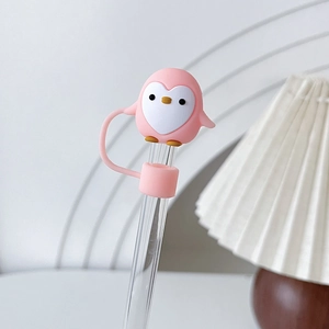 Capuchon de paille en silicone rose en forme de pingouin pour pailles en verre réutilisables