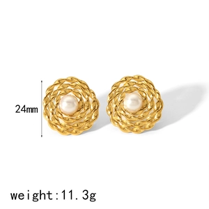French vintage spiral hollow gold titanium steel earrings with pearl center inlay