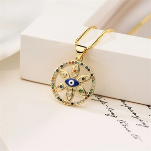 Fashionable evil eye floral pendant necklace with colorful zircons and golden box chain