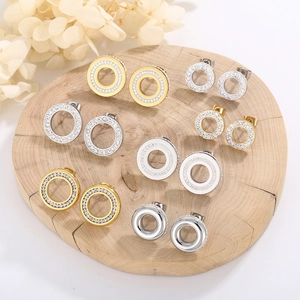 Geometric Round Stud Earrings Stainless Steel Rhinestone Hollow Circle Fashion Jewelry For Women