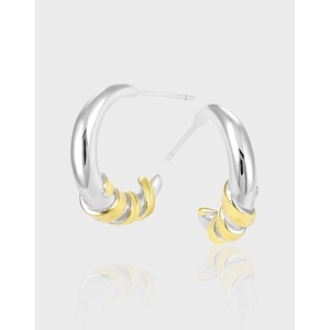 C-Shape Stud Earrings 925 Sterling Silver Two Tone Spiral Texture Minimalist Geometric Jewelry For Women