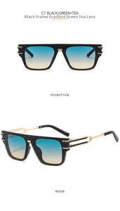 Detail view of square black frame sunglasses with gradient lenses and golden metal temples