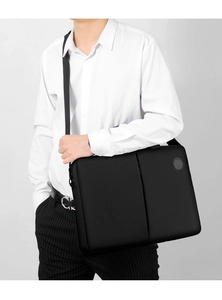 Men's black nylon business laptop bag with top handle and hidden front zipper pocket