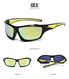 Polarized sports sunglasses with black frames and yellow non-slip honeycomb grip details