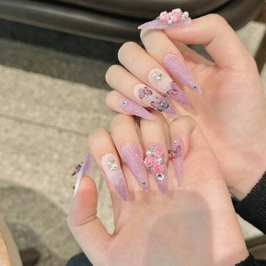 Pink purple gradient stiletto press-on nails with 3D resin roses and butterfly designs