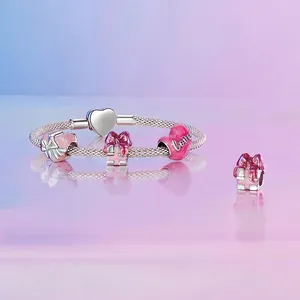 Pink bow gift box charms on 925 sterling silver bracelet with love heart pendant