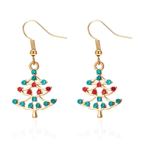 Detailed view of Christmas tree earrings with gold metal and festive colored rhinestones
