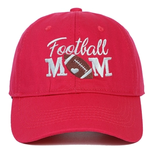 Detail of 3D Football MOM embroidery on red washed cotton canvas baseball cap