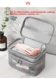 Detail view of a double-layer grey mesh toiletry bag with large storage capacity