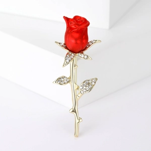 Red Rose Flower Brooch With Rhinestone Alloy Enamel Golden Stem Vintage Elegant Lapel Pin Jewelry For Women