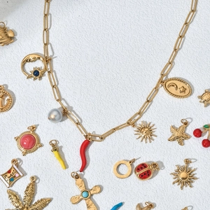 Gold stainless steel paperclip chain necklace with moon and star natural stone pendants