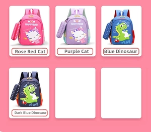 Detail view of colorful cartoon backpacks for kids in pink, purple, and blue color variants