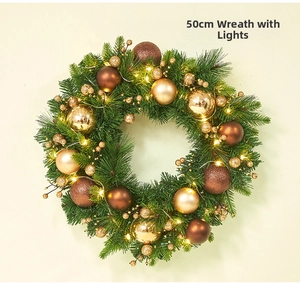 Detailed 50cm Christmas wreath with pine needles, gold ornaments, and warm LED lights