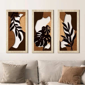 French leaf wall art set with three wooden panels featuring modern botanical leaf designs
