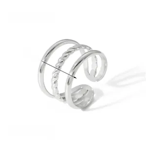 Detailed top view of triple layered silver ring showing 3g weight and 14mm diameter