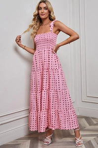 Detail of pink floral maxi dress with smocked bodice and wide tie shoulder straps