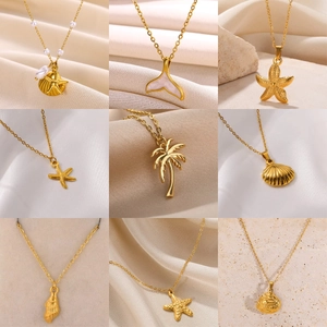Marine Ocean Theme Pendant Necklace Stainless Steel Artificial Pearl Shell Starfish Coconut Tree Whale Tail Vacation Style For Women