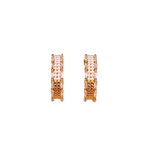 18K gold plated C-shaped hoop earrings with pearls and zircon stones on white background