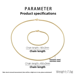 Detailed view of gold stainless steel wheat chain necklace and bracelet with dimensions