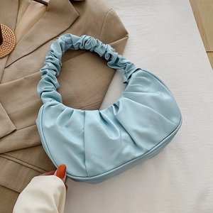 Chic light blue pleated cloud bag for women with minimalist crescent moon shape design