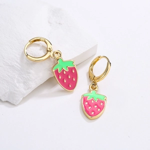 18K gold plated strawberry hoop earrings with pink and green enamel fruit charms