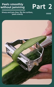 Detail of dual stainless steel peeler blade removing skin from a fresh cucumber