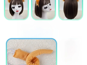 Detail of plush lion ear headband and adjustable tail with internal wire skeleton