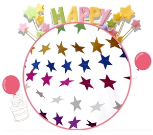 Detail of glittery paper star garlands in gold, blue, rose red, silver, and purple colors