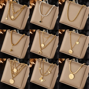 Butterfly Star Moon Pendant Necklace Layered Stainless Steel Gold Plated Faux Artificial Pearl Chain Niche Design For Women