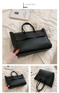 Three-angle views of a black matte leather tote bag with top handles and flap closure