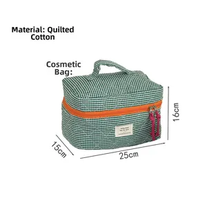 Detail view of quilted cotton makeup bag with dimensions 25cm x 15cm x 16cm in green check