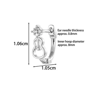 Silver violin pendant earring with zircon star stud and 8mm inner diameter dimensions