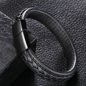 Minimalist black braided leather bracelet with high-gloss magnetic stainless steel clasp