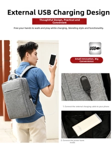 Detail of grey travel backpack featuring external USB port for mobile phone charging