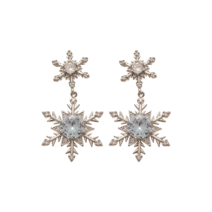 Elegant snowflake pearl earrings with blue zircon crystals and silver needles for women