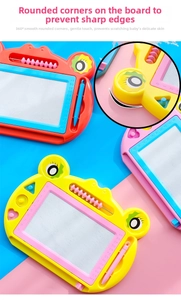 Detail of magnetic drawing board with safe rounded edges and integrated abacus for kids