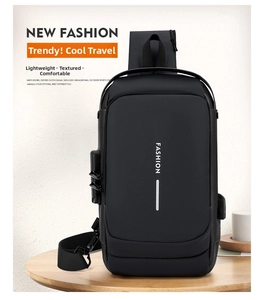 Close-up of waterproof black crossbody chest bag with integrated anti-theft combination lock