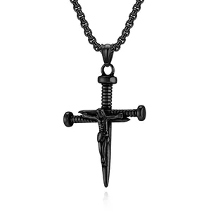 Vintage Men Crucifix Cross Necklace Stainless Steel Nail Design Jesus Relief Pendant Hip Hop Religious Jewelry