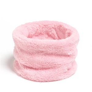 Close-up of soft pink coral fleece neck warmer with plush texture on white background