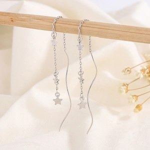 Silver star tassel threader earrings with three stars on delicate metal chains
