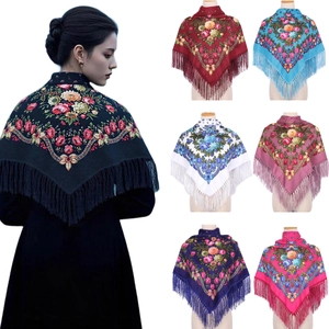 Ethnic Floral Print Square Scarf With Tassels Polyester Shawl Bohemian Headscarf Retro Style For Women