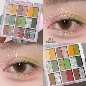 Close-up of 18-color eyeshadow palette with vibrant matte and shimmer textures