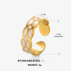 18K gold plated stainless steel open ring with white enamel diamond pattern design